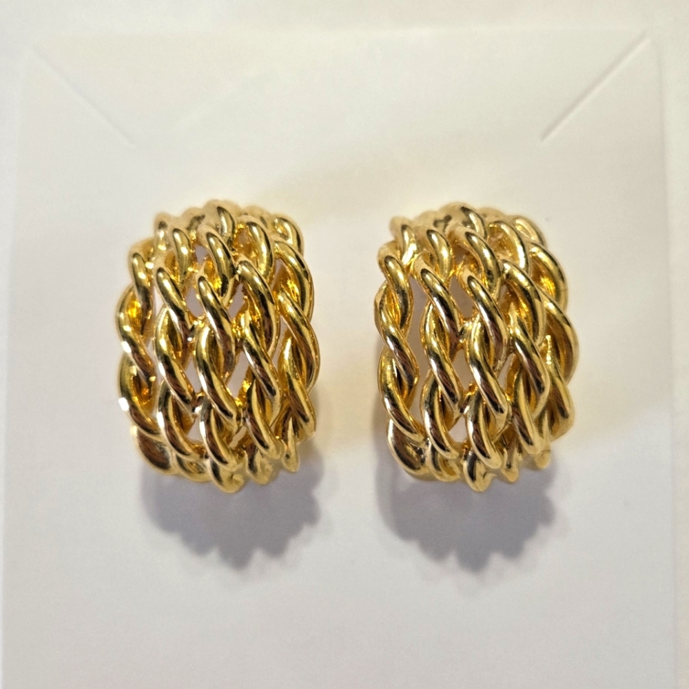 Gold Tone Semi-Hoop Pierced Earrings With Twist/Woven Design